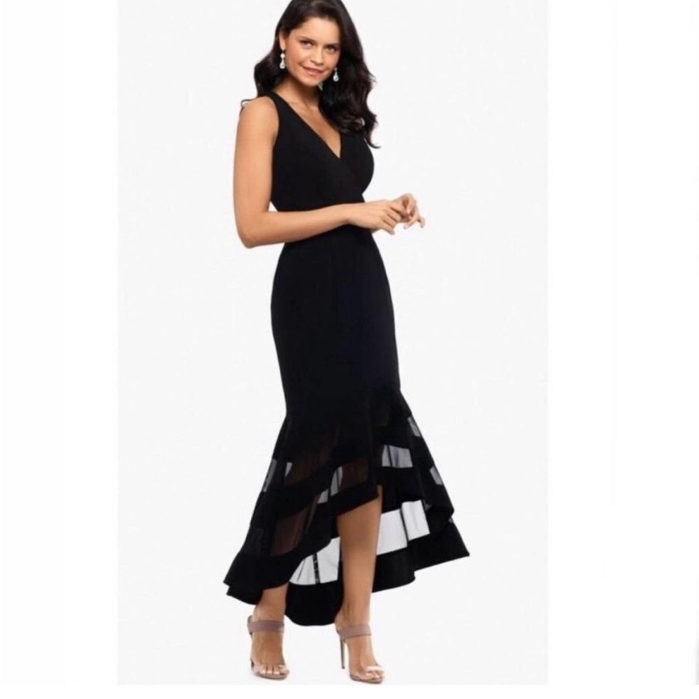 Xscape Black High/Low Flounce Midi Dress 6P. Never Worn
